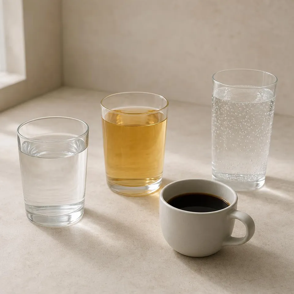 Water, clear apple juice, clear soda, and black coffee
