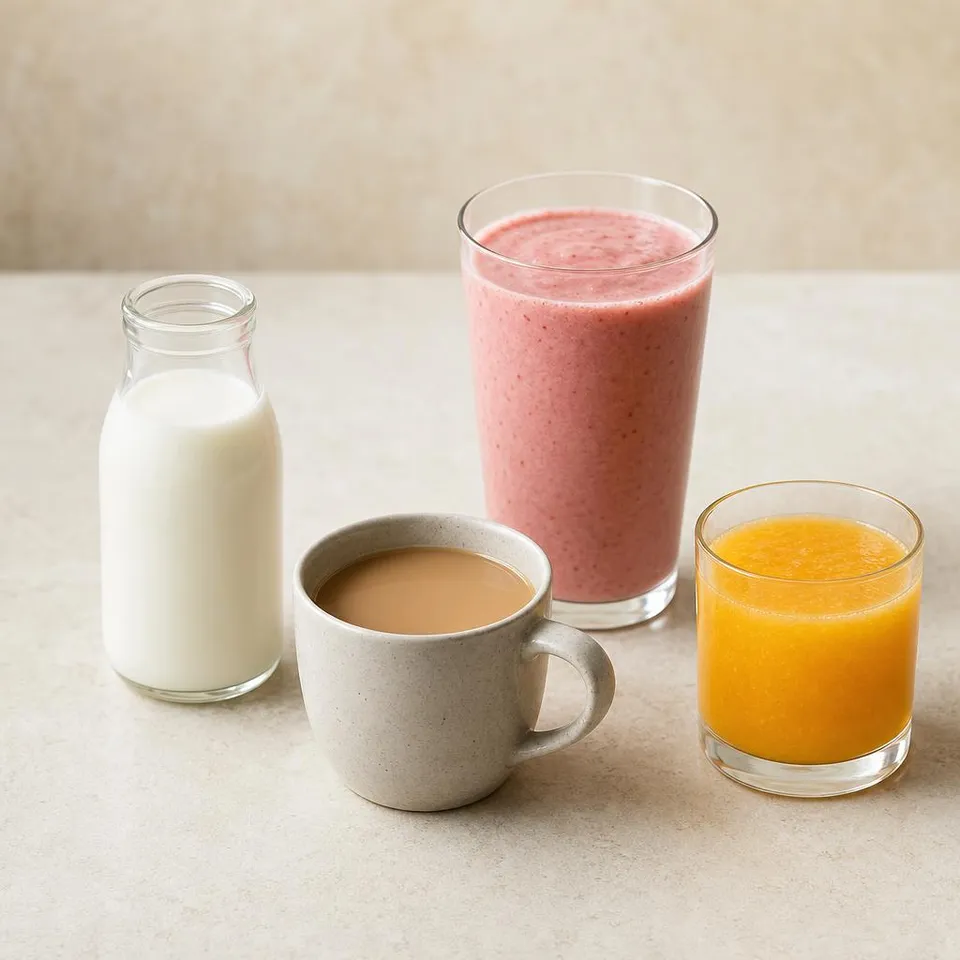 Milk, coffee with cream, a smoothie, and orange juice with pulp