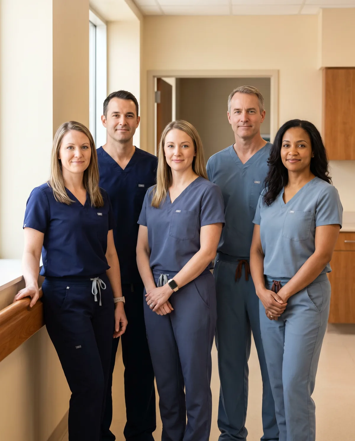 Five healthcare professionals in scrubs.