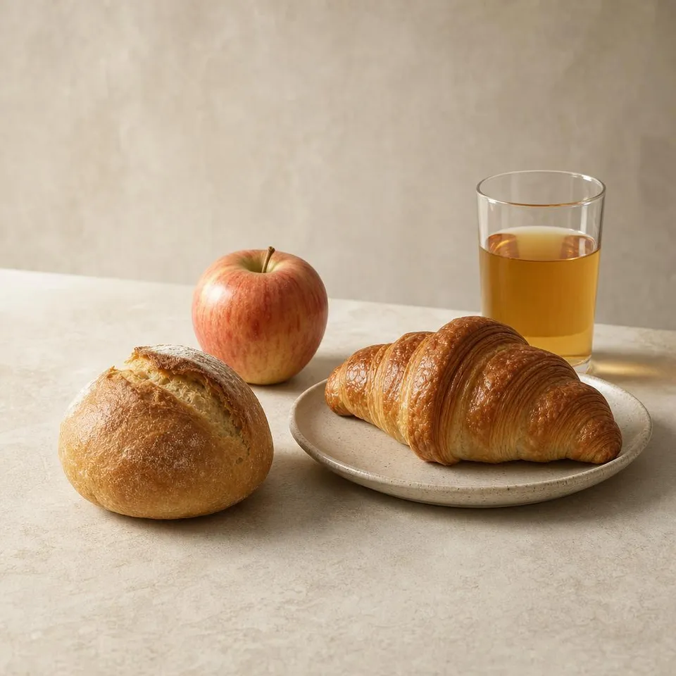 Bread, a croissant, an apple, and a glass of juice