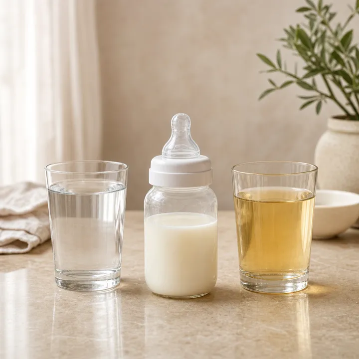 Expressed breast milk in a feeding bottle, beside water and clear apple juice