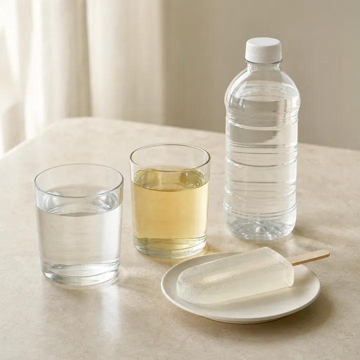 Water, clear apple juice, an unbranded clear electrolyte drink, and an ice pop without fruit pieces or cream