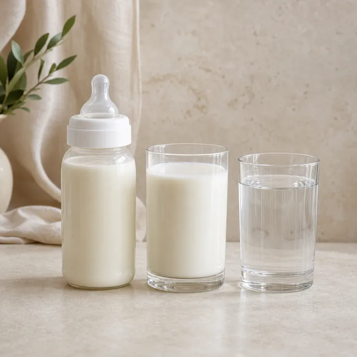A bottle of formula, a glass of cow’s milk, and water
