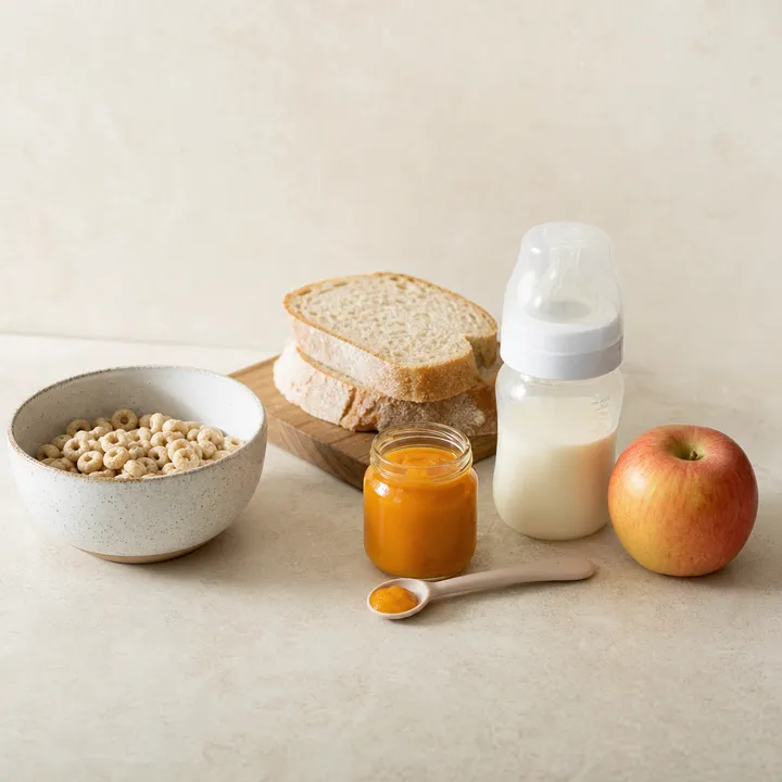 Cereal, bread, baby food, an apple, and a bottle of formula